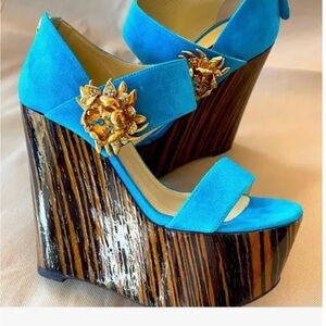 Roberto Cavalli Blue and Gold Wedge Sandals